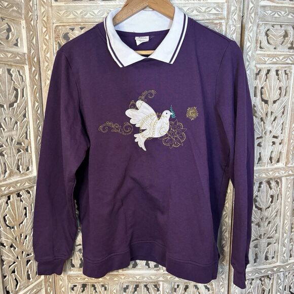 Vintage Adrian Dearfield Grandma Collared Sweatshirt Women's L Bird Purple/Gold - Picture 1 of 9